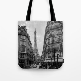 Paris streets and the Eiffel Tower Black and white Tote Bag