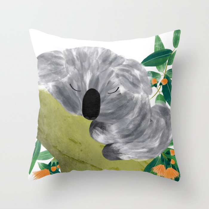 Sleepy Koala | Sweet Dreams | Orange Flowers Throw Pillow