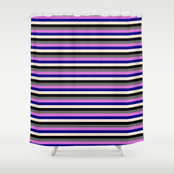 Vibrant Dim Gray, Orchid, Blue, Beige, and Black Colored Stripes/Lines Pattern Shower Curtain