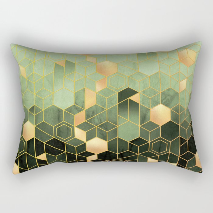 Olive Green + Golden Hexagonal Modern Abstract Pattern Rectangular Pillow