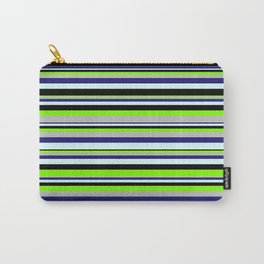 [ Thumbnail: Vibrant Chartreuse, Grey, Midnight Blue, Light Cyan & Black Colored Lined/Striped Pattern Carry-All Pouch ]