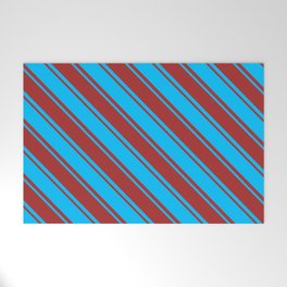 [ Thumbnail: Deep Sky Blue & Brown Colored Striped Pattern Welcome Mat ]