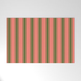 [ Thumbnail: Salmon & Dark Olive Green Colored Stripes Pattern Welcome Mat ]