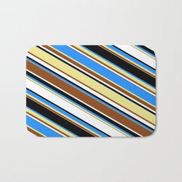 [ Thumbnail: Eyecatching Blue, Tan, Brown, White, and Black Colored Lined/Striped Pattern Bath Mat ]