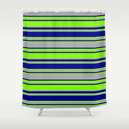 [ Thumbnail: Green, Dark Grey & Dark Blue Colored Lines/Stripes Pattern Shower Curtain ]