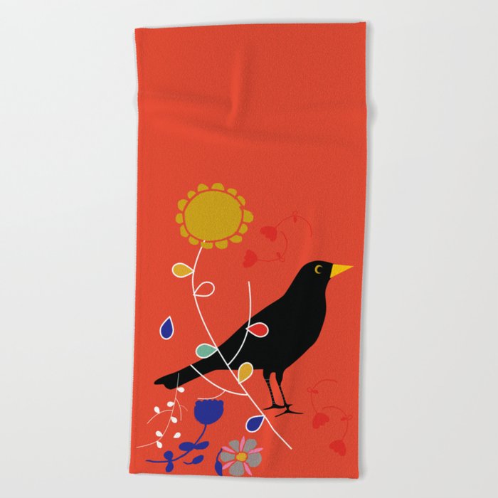 Black Bird orange Beach Towel