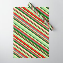 [ Thumbnail: Eyecatching Light Green, Red, Gray, Dark Green, and Tan Colored Lined/Striped Pattern Wrapping Paper ]