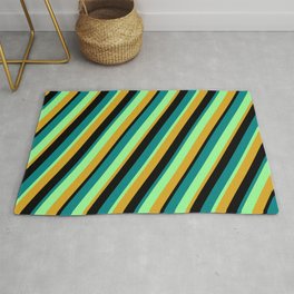 [ Thumbnail: Green, Goldenrod, Black, and Teal Colored Lined/Striped Pattern Rug ]