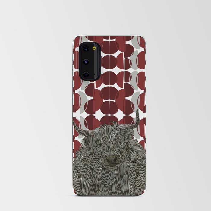 Fluffy Highland Cow on Red Geometric Pattern Android Card Case