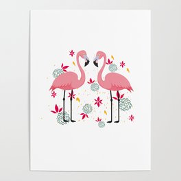 Flamingos pair pineapples tropical summer vibe Poster