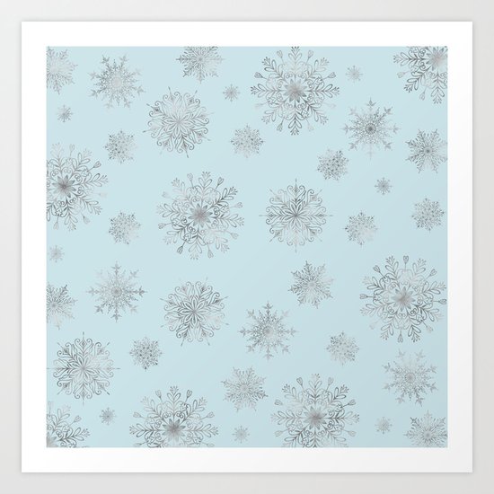 Assorted Silver Snowflakes On Light Blue Background Art Print