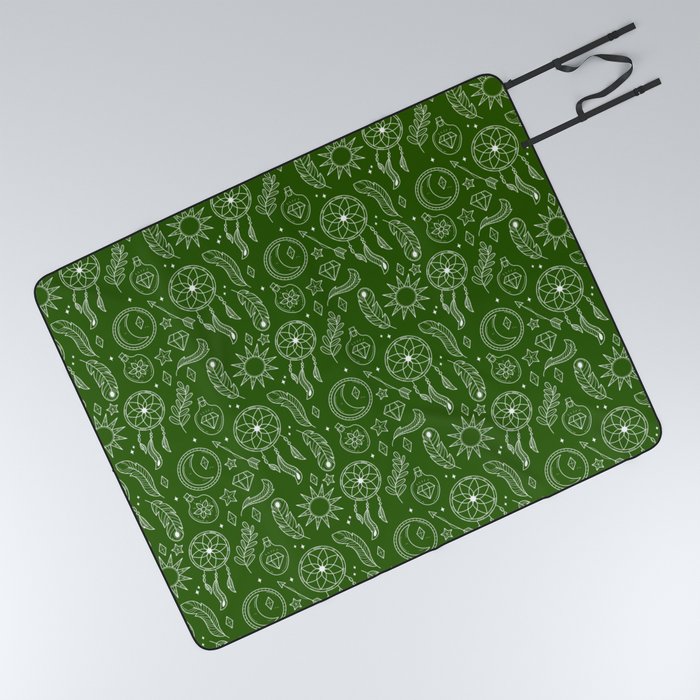 Green And White Hand Drawn Boho Pattern Picnic Blanket
