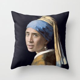 The Nic With the Pearl Earring (Nicholas Cage Face Swap) Throw Pillow