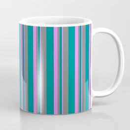 [ Thumbnail: Dark Cyan, Grey, and Violet Colored Stripes/Lines Pattern Coffee Mug ]
