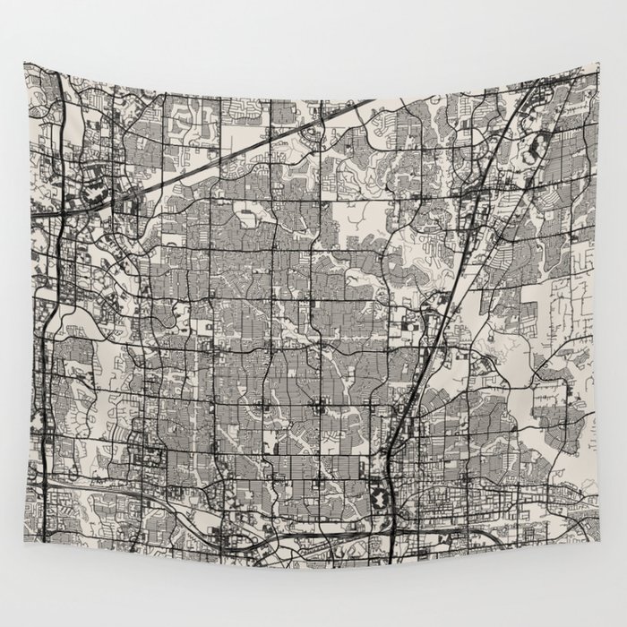 USA, Plano City Map Drawing - Black and White Wall Tapestry