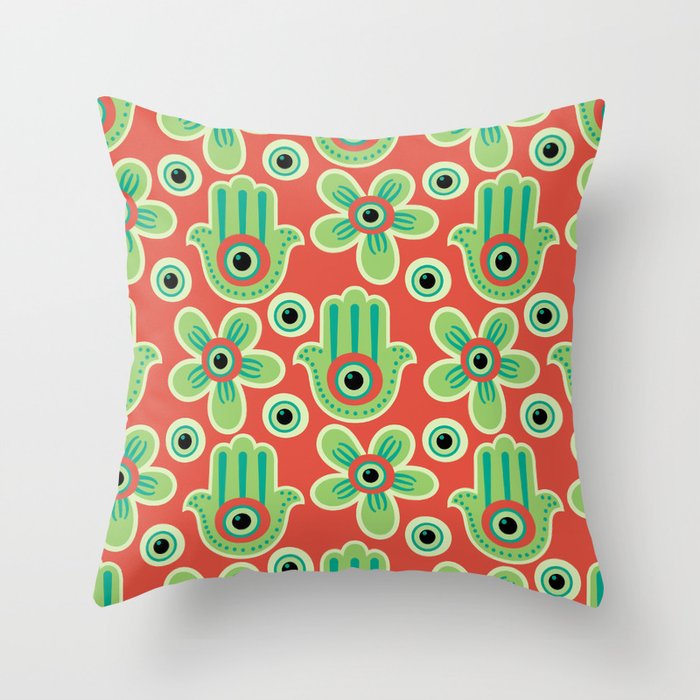 Hamsa Hand & Evil Eye Floral Pattern - Green Throw Pillow