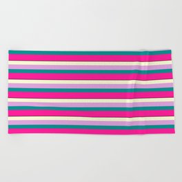 [ Thumbnail: Colorful Light Yellow, Plum, Dark Cyan, Deep Pink & Black Colored Lined Pattern Beach Towel ]