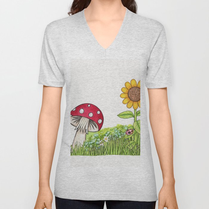 Ladybug Mushroom and Sunflower V Neck T Shirt