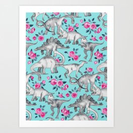 Dinosaurs and Roses - turquoise blue Art Print