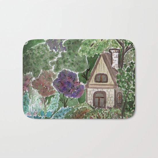 House in the garden . watercolor . Bath Mat