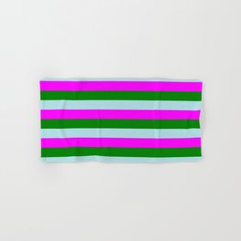 [ Thumbnail: Fuchsia, Green, and Powder Blue Colored Lines/Stripes Pattern Hand & Bath Towel ]