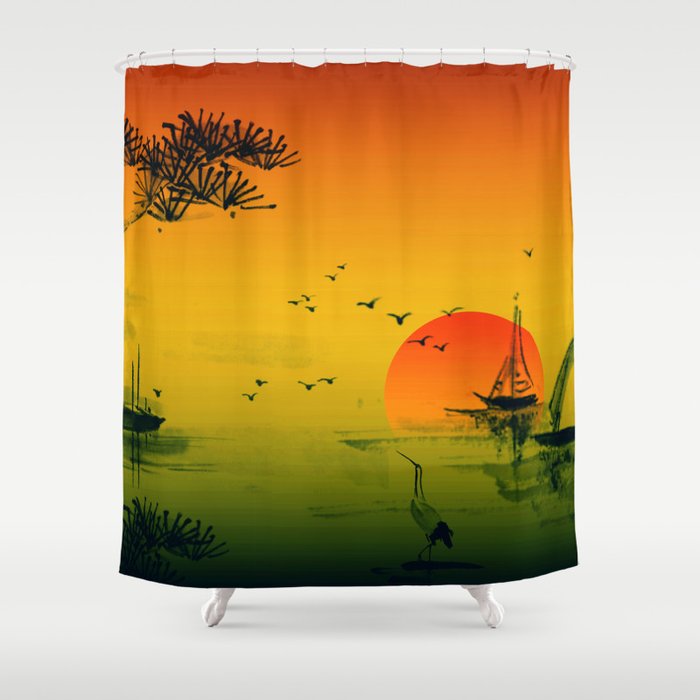 Japanese Sunset Oriental Asian Style, Oriental Themed Shower Curtains