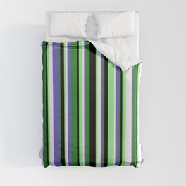 [ Thumbnail: Colorful Forest Green, Slate Blue, White, Green, and Black Colored Stripes Pattern Duvet Cover ]