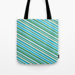 [ Thumbnail: Deep Sky Blue, Lavender, and Green Colored Lined Pattern Tote Bag ]