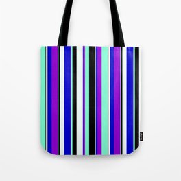 [ Thumbnail: Dark Violet, Aquamarine, Black, Mint Cream & Blue Colored Pattern of Stripes Tote Bag ]