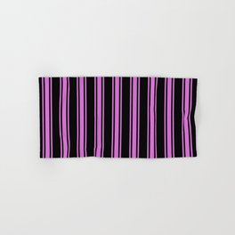 [ Thumbnail: Black and Orchid Colored Pattern of Stripes Hand & Bath Towel ]