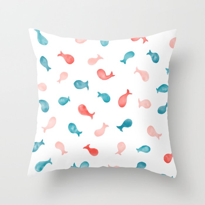 Watercolor Fish in Peach Coral and Teal Throw Pillow by Joy Qd Society6