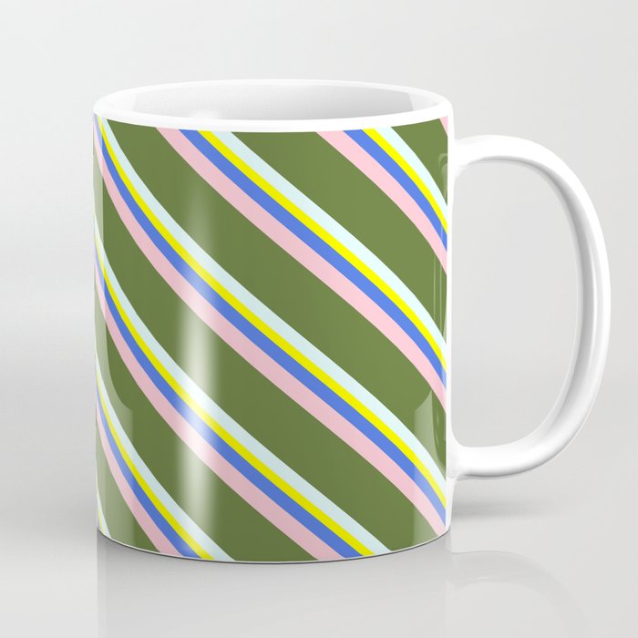 Colorful Yellow, Royal Blue, Pink, Dark Olive Green, and Light Cyan Colored Lined/Striped Pattern Coffee Mug