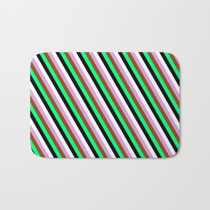 Eye-catching Plum, Brown, Green, Black & White Colored Lines/Stripes Pattern Bath Mat