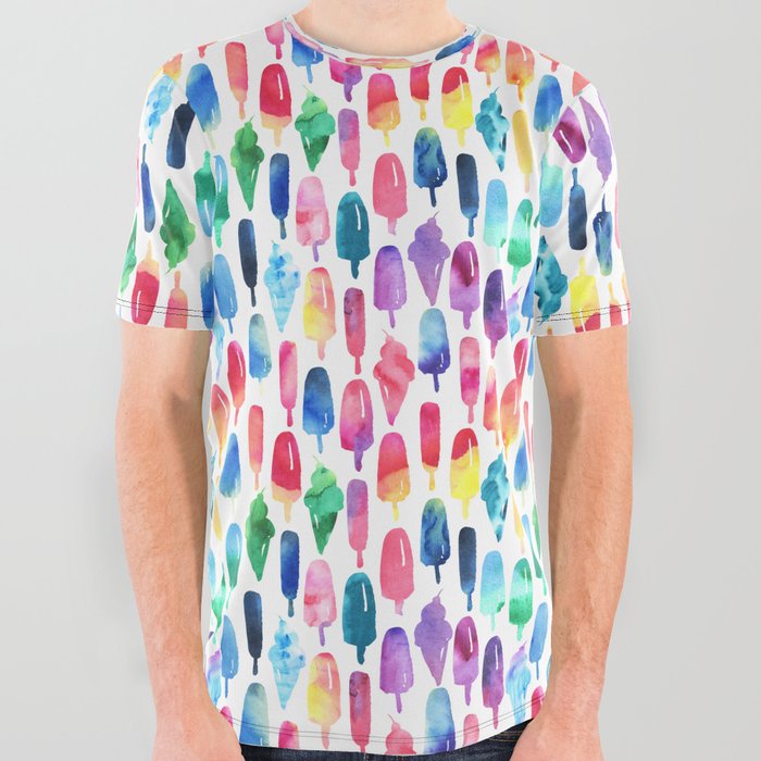 Rainbow Watercolor Popsicles Ice Cream Cones All Over Graphic Tee