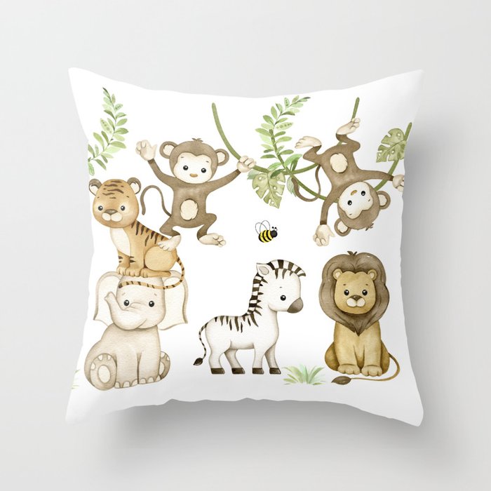 Watercolor Safari Jungle Animals  Throw Pillow