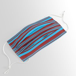 [ Thumbnail: Deep Sky Blue & Dark Red Colored Lined/Striped Pattern Face Mask ]