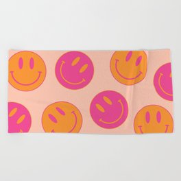Large Pink and Orange Groovy Smiley Face Pattern - Retro Aesthetic  Beach Towel