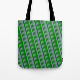 [ Thumbnail: Light Slate Gray and Green Colored Lined Pattern Tote Bag ]