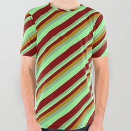 [ Thumbnail: Dark Goldenrod, Dark Sea Green, Green & Maroon Colored Lined Pattern All Over Graphic Tee ]