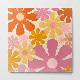 Retro 60s 70s Flowers Thulian Pink Orange Cream Pattern Metal Print | Retro, Aesthetic, Graphicdesign, Thulian, Pattern, Floral, Digital, Flower Power, Trendy, Flowers 