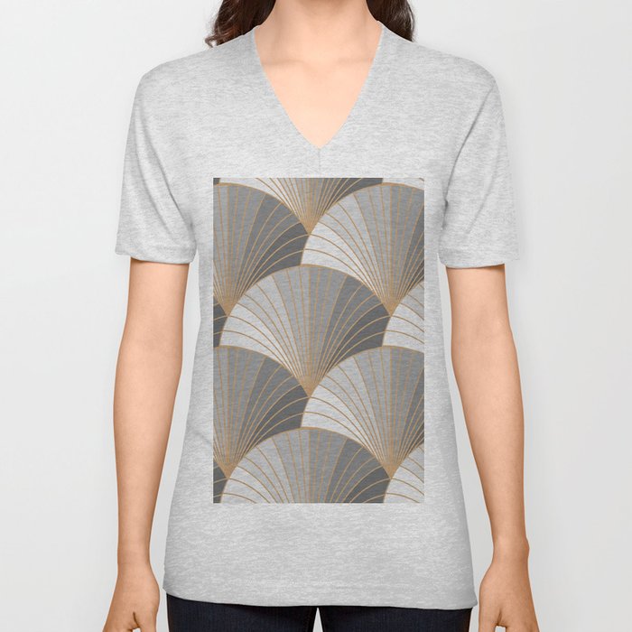 Grey elements with gold outline. seamless pattern. Art deco style. Vintage wallpaper. V Neck T Shirt