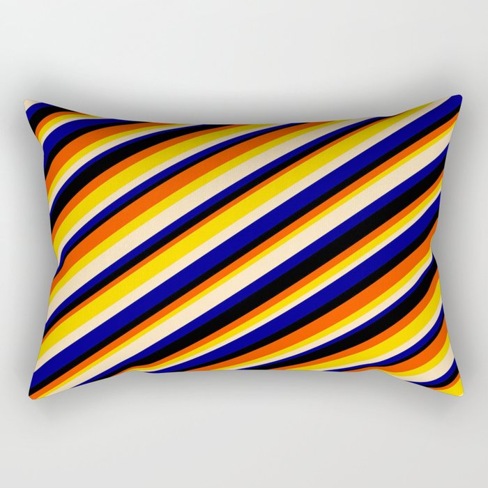 Eye-catching Red, Yellow, Beige, Blue & Black Colored Striped Pattern Rectangular Pillow