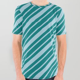 [ Thumbnail: Light Blue and Teal Colored Striped/Lined Pattern All Over Graphic Tee ]