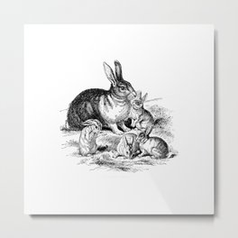 Black And White Vintage Easter Bunny Family Drawing Metal Print