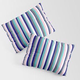 [ Thumbnail: Eye-catching Dark Blue, Dim Gray, Turquoise, Pink, and White Colored Lined/Striped Pattern Pillow Sham ]