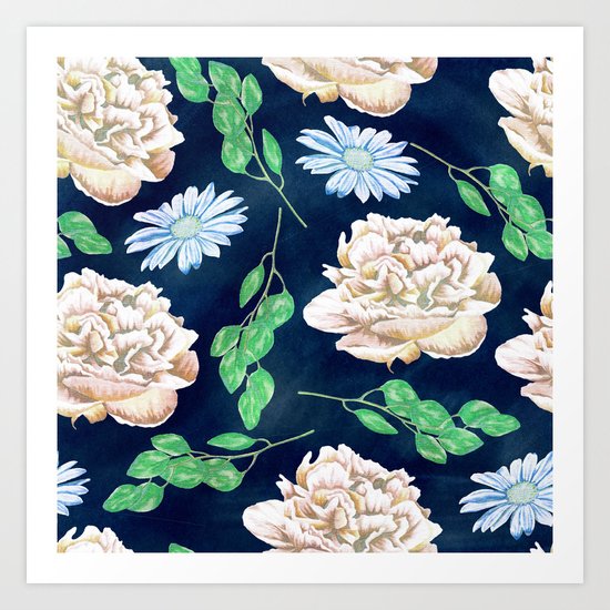 Rose Garden Navy Blue Antique Floral Pattern Art Print