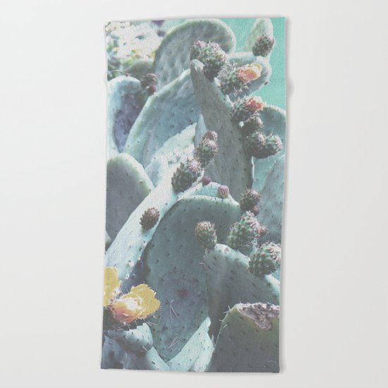 Green Flowering Cacti Beach Towel