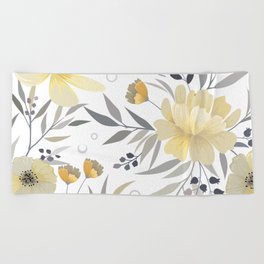 Modern, Floral Prints, Yellow, Gray and White Beach Towel