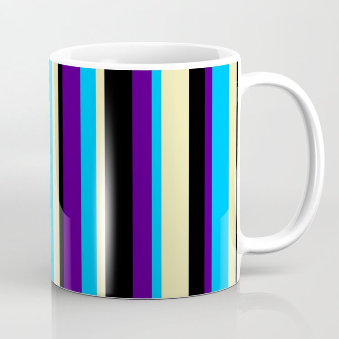 Deep Sky Blue, Indigo, Black, and Pale Goldenrod Colored Pattern of Stripes Coffee Mug