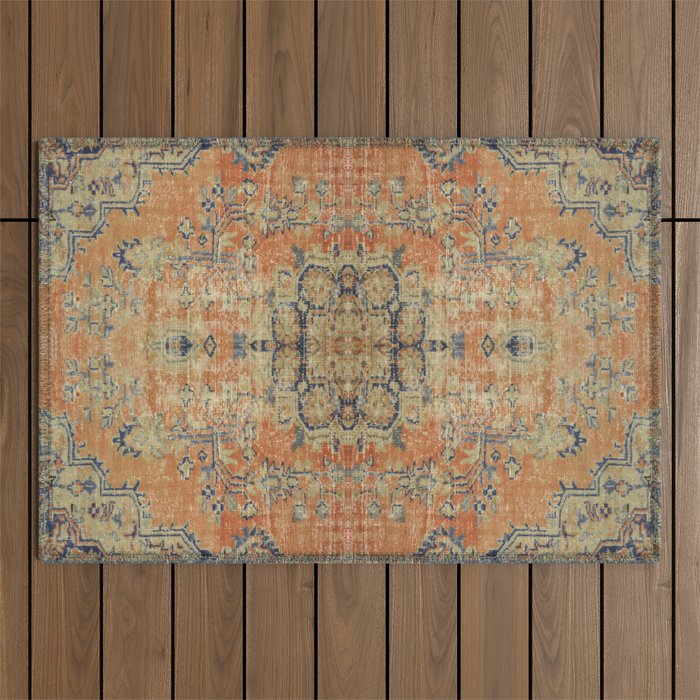 Vintage Woven Coral and Blue Kilim Outdoor Rug